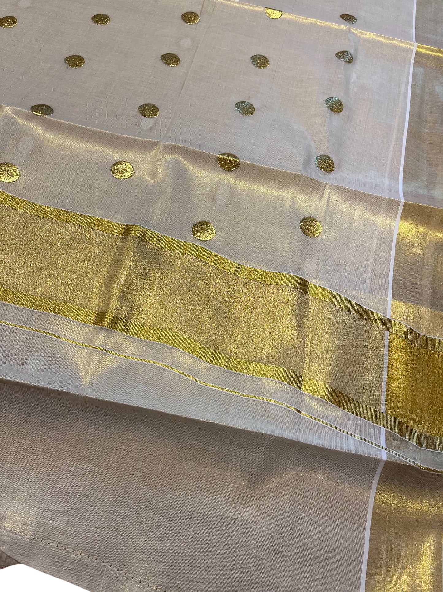 Southloom Kerala Tissue Kasavu Saree with Polka Embroidery Works Across Body