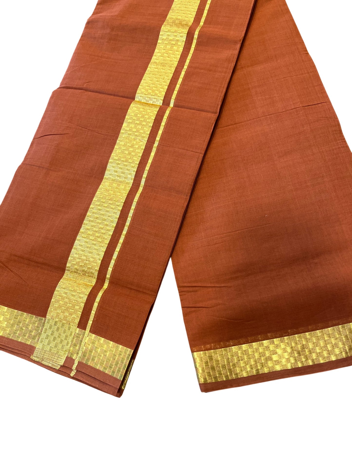 Southloom Premium Handloom Cotton Brown Double Mundu with Gold Paa Neythu Border