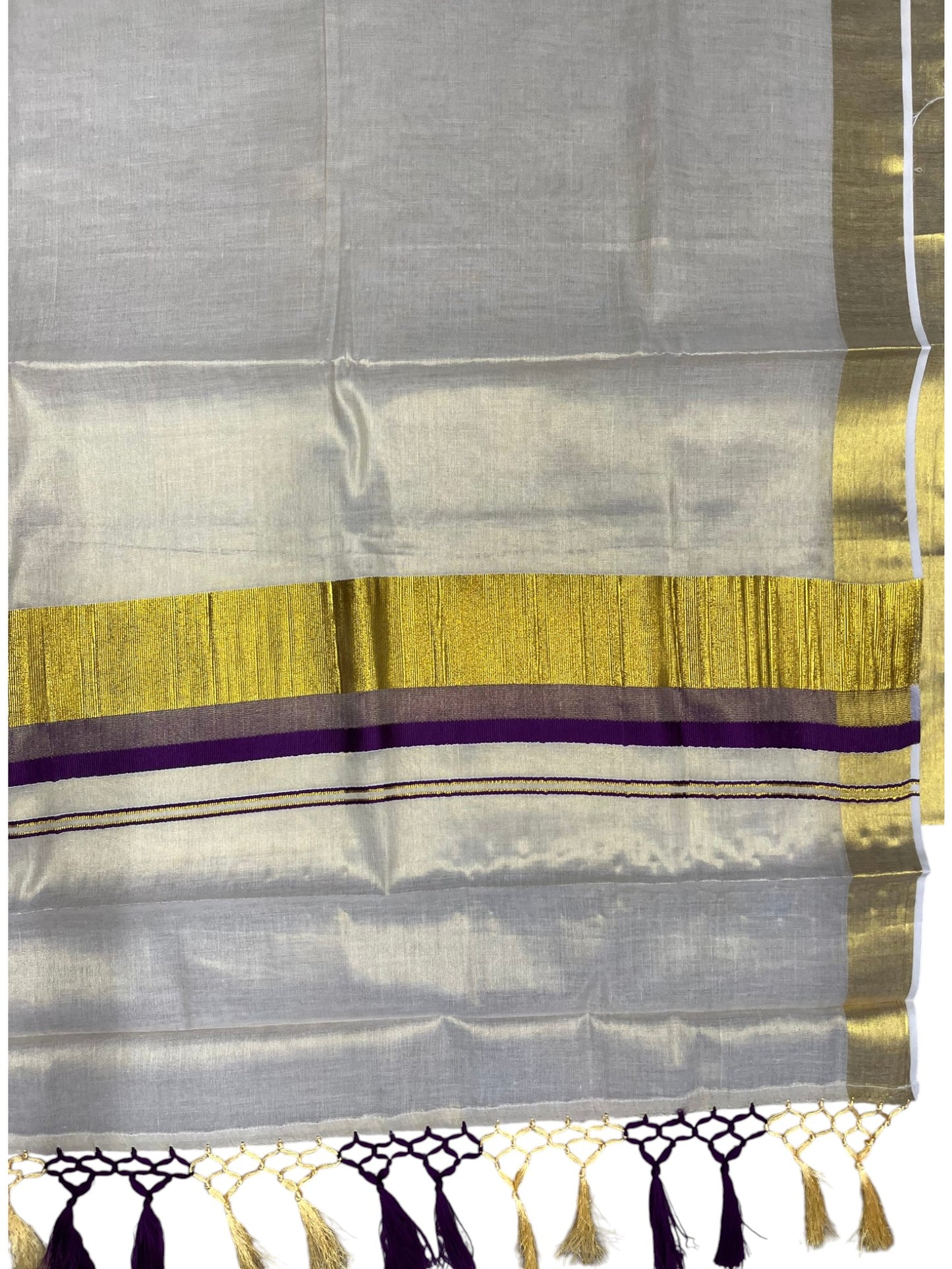Southloom Kerala Tissue Kasavu Saree with Stripes on Body with Purple Borders