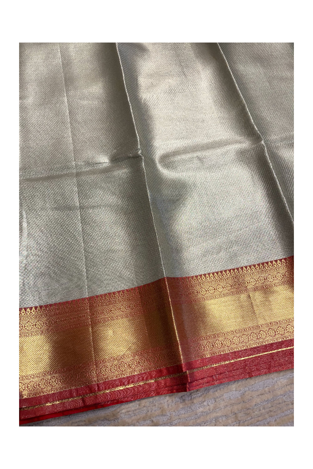 Southloom Tissue Silk Saree with Woven Work on Body and Borders (Silver & Red)