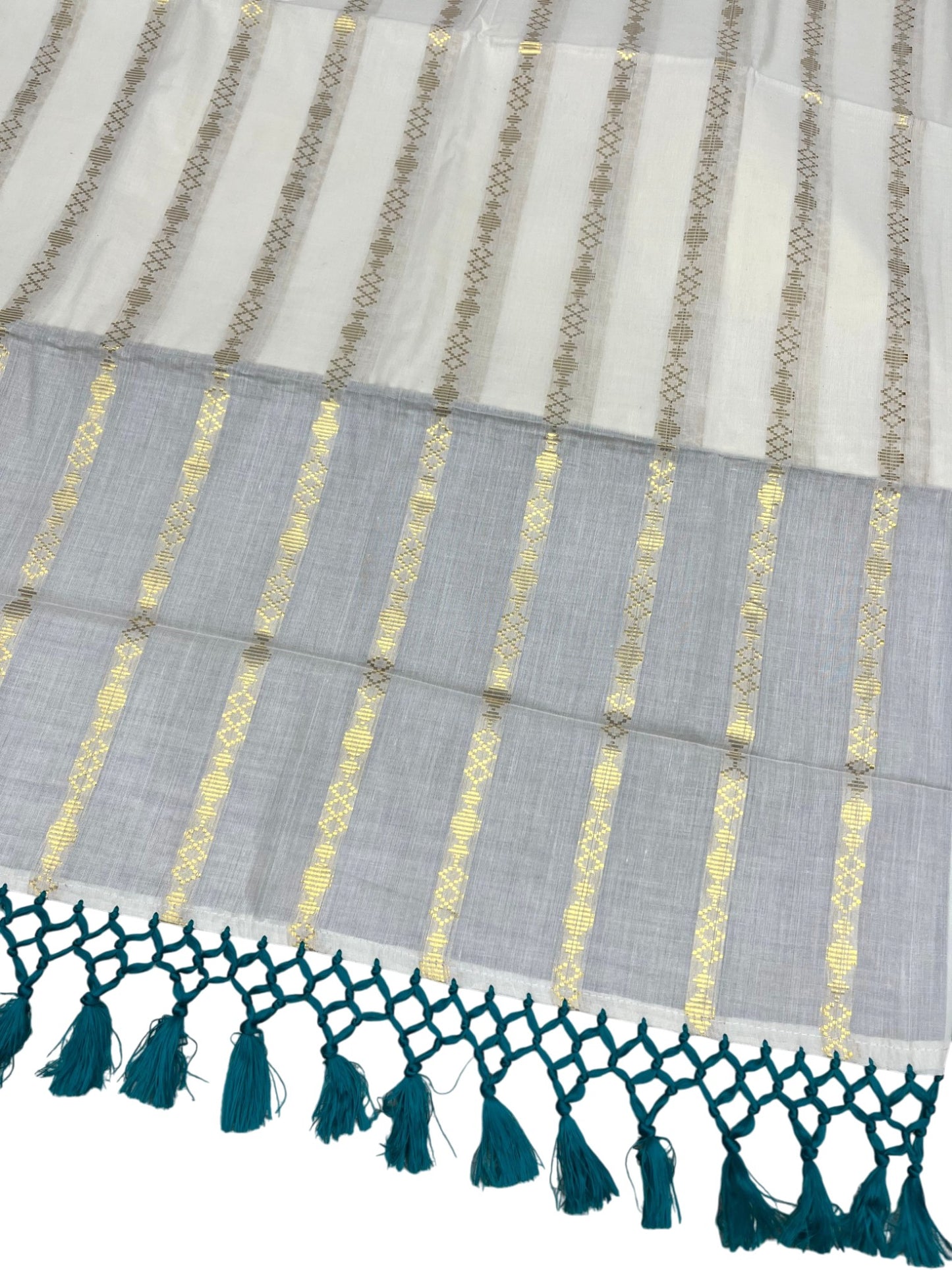 Southloom Cotton Kerala Kasavu Saree with Stripes on Body and Peacock Green Tussels