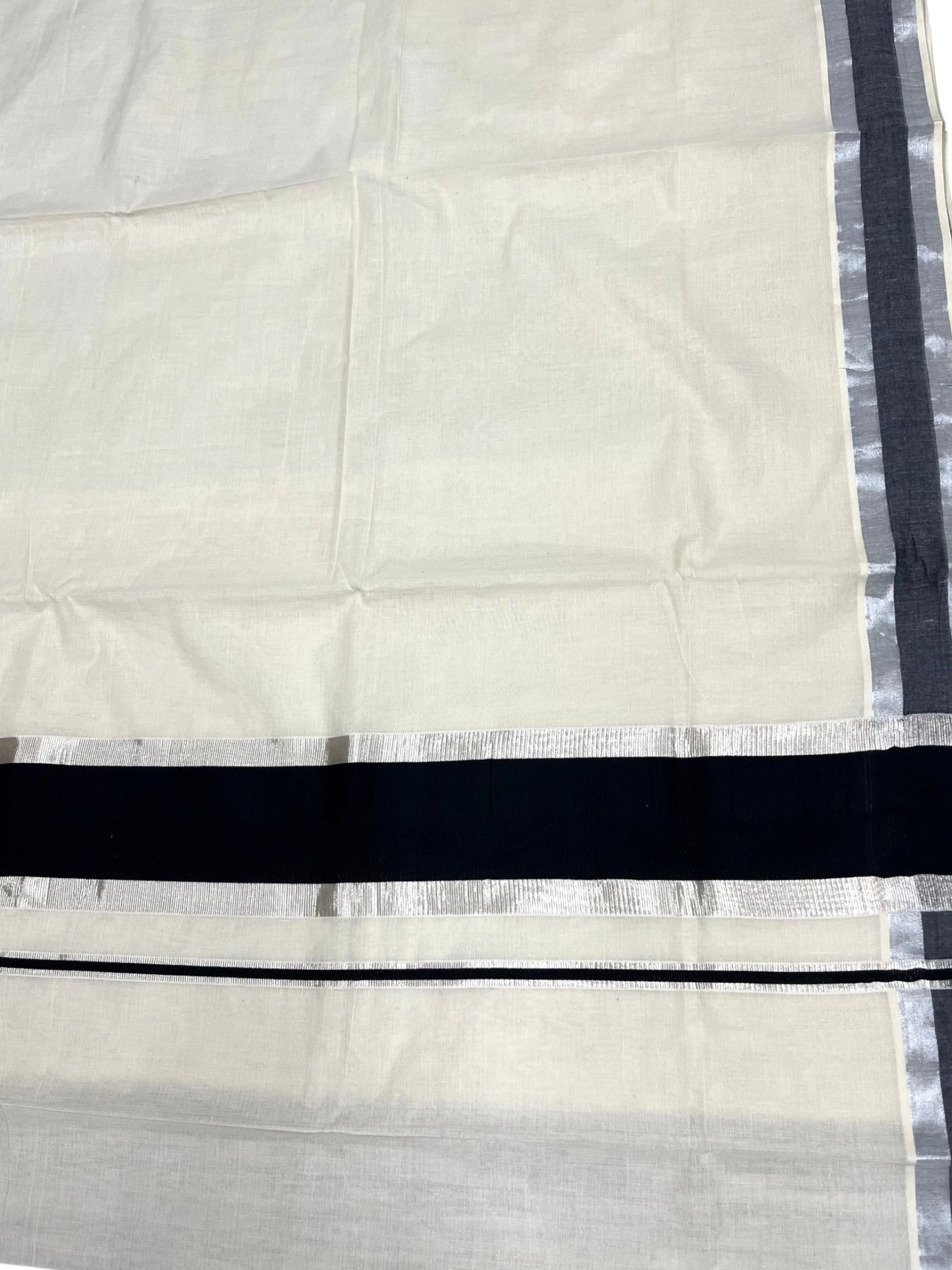Kerala Pure Cotton Plain Saree with Silver Kasavu and Black Border