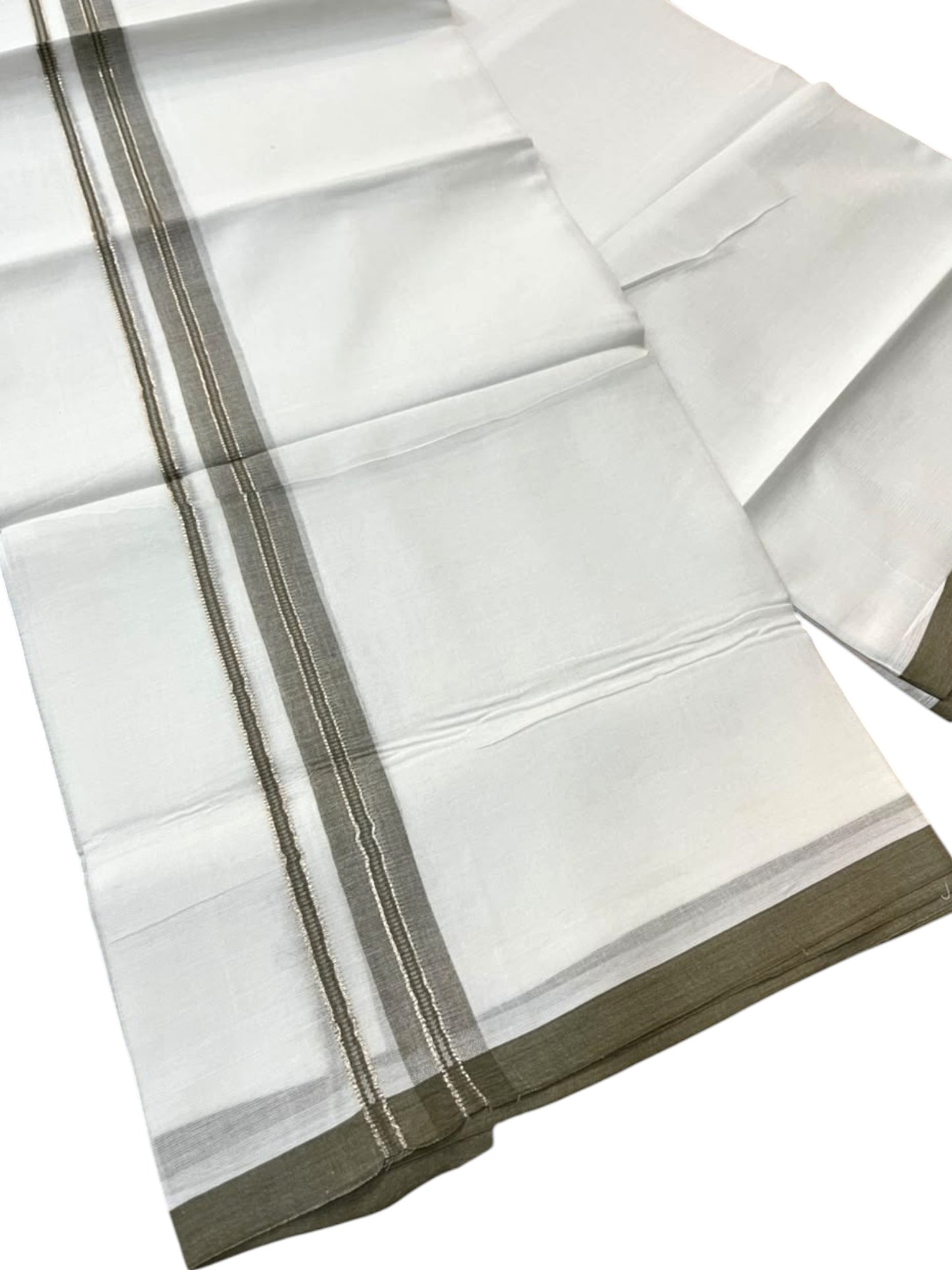 Southloom Pure White Cotton Mundu with Dark Olive Green & Silver Line Border (South Indian Kerala Dhoti)