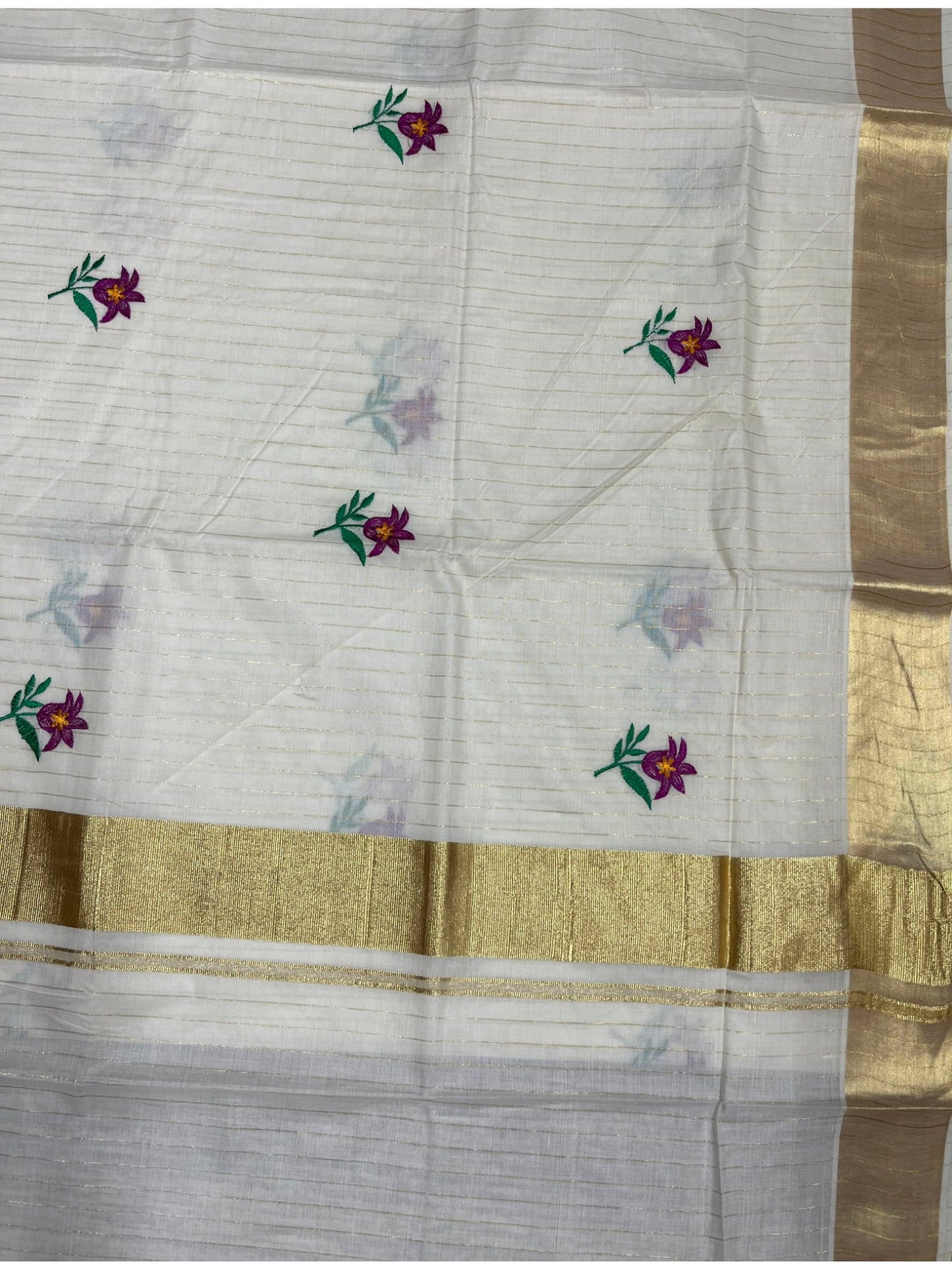 Southloom Kerala Cotton Kasavu Lines Saree with Floral Embroidery Work on Body
