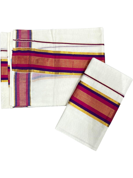 Kerala Cotton Set Mundu (Mundum Neriyathum) with Kasavu and Dark Pink& Blue Border in 2.80 Mtrs SLKK SL470