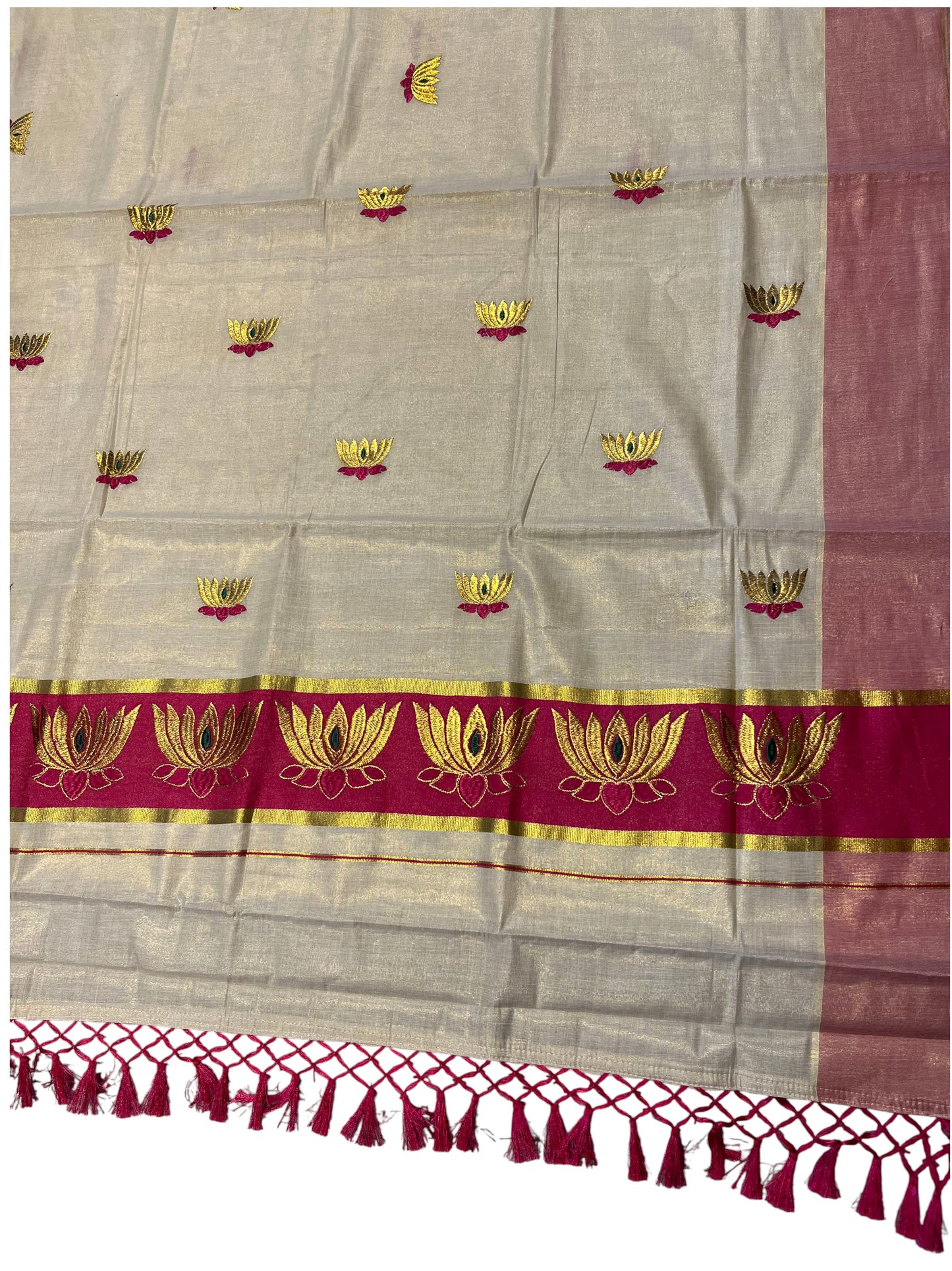 Southloom Kerala Tissue Kasavu Saree with Pink And Golden Lotus Embroidary Works on Body