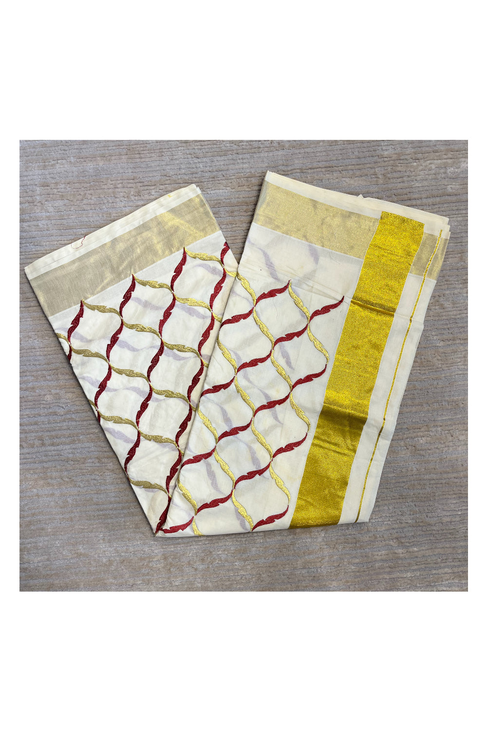 Southloom Cotton Kerala Kasavu Saree with Maroon and Golden Floral Designs