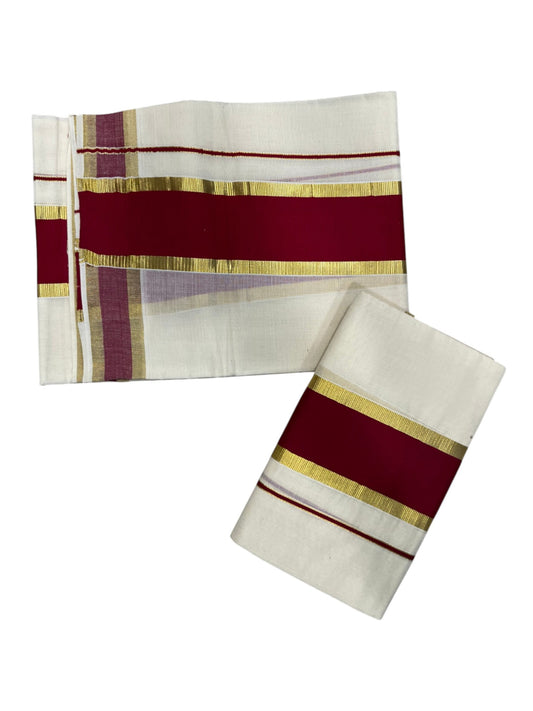 Southloom Kerala Cotton Single Set Mundu (Mundum Neriyathum) with Kasavu and Maroon Border 2.80Mtrs