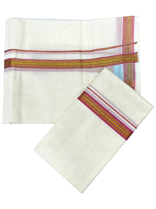 Southloom Pure Cotton Kerala Single Set Mundu (Mundum Neriyathum) with Pink Kasavu Border in 2.80 Mtrs