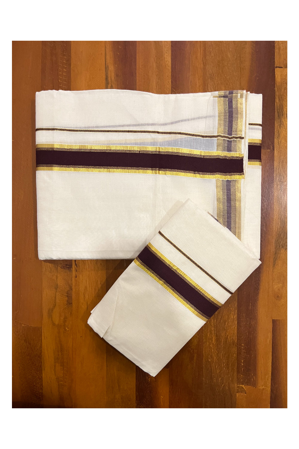Pure Cotton Mundum Neriyathum Double (Set Mundu) with Brown and Kasavu