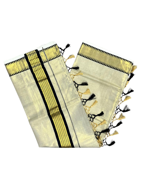 Southloom Kerala Tissue Kasavu Saree With Black Temple Woven Works on Border SL365