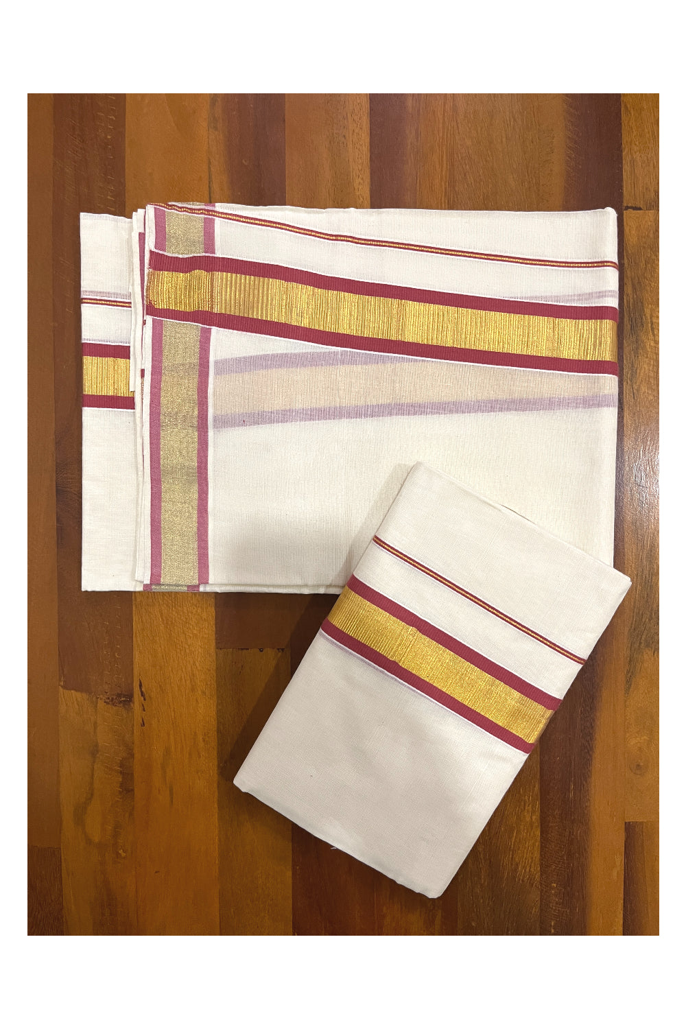 Kerala Cotton Mundum Neriyathum Single (Set Mundu) with Orange and Kasavu Border 2.80 Mtrs