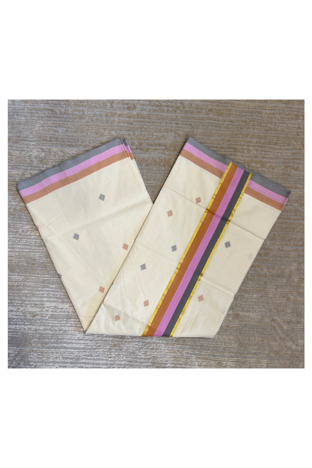 Southloom Premium Unakkupaavu Handloom Cotton Butta Saree with Orange, Pink and Grey Kasavu Border