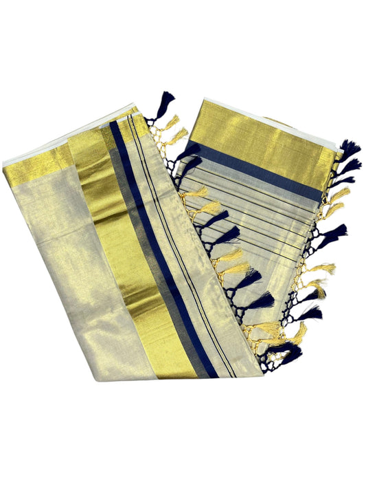 Southloom Kerala Tissue Kasavu Saree with Stripes on Body with Blue Borders