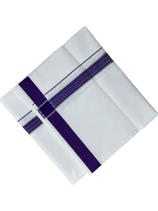 Southloom Pure White Cotton Single Mundu with Silver Line & Violet Border (South Indian Kerala Dhoti)