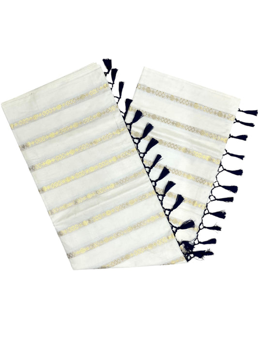 Southloom Kerala Cotton Kasavu Saree with Stripes on Body and Blue Tussels
