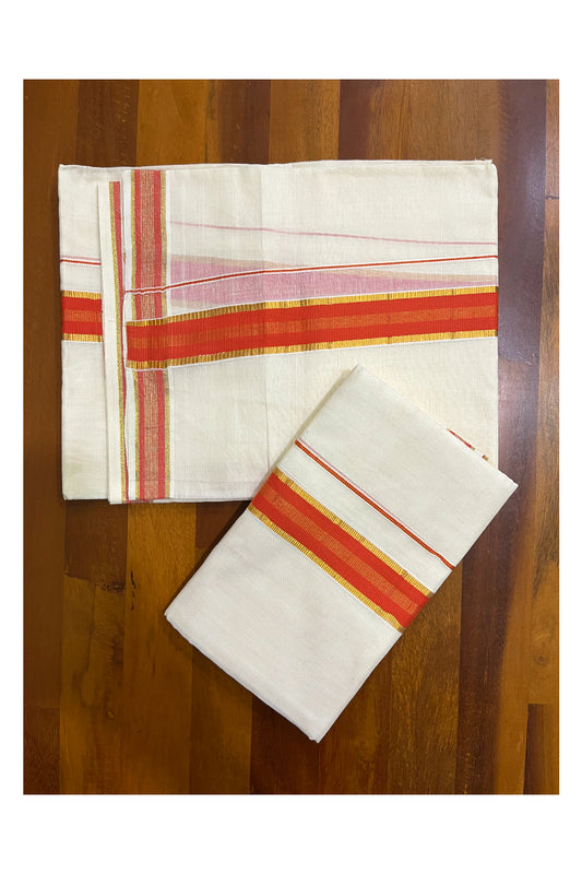 Southloom Kerala Cotton Set Mundu (Mundum Neriyathum) with Orange and Kasavu Border