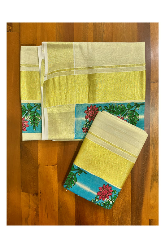 Kerala Tissue Single Set Mundu (Mundum Neriyathum) with Red Floral Block Prints in Blue Border 2.80 Mtrs (Onam 2024 Collection)