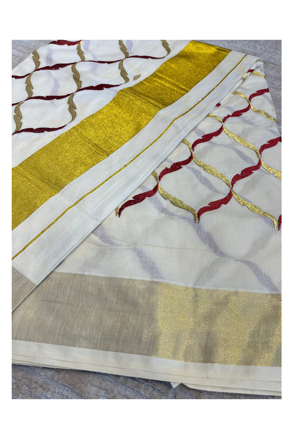 Southloom Cotton Kerala Kasavu Saree with Maroon and Golden Floral Designs