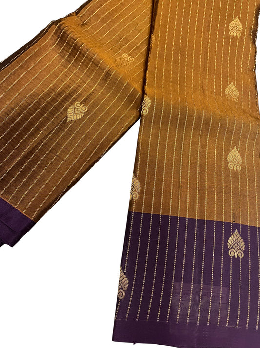 Southloom Pure Handloom Kanchipuram Silk Saree with Korvai Work (Brown & Violet)