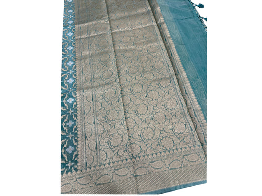 Southloom Cotton Banarasi Silk Saree with Woven Work on Body and Borders (Blue)