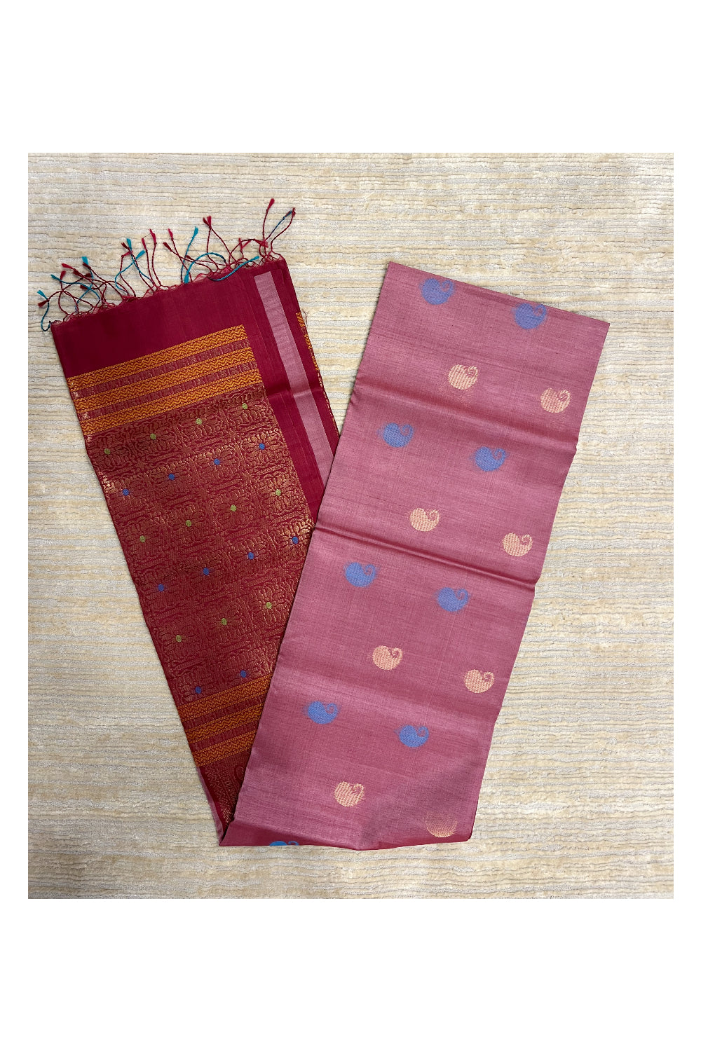 Southloom Pure Handloom Cotton Silk Saree With Handwoven Work Across Body and Blouse in Pink And Maroon