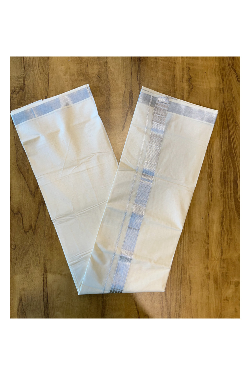 Pure Cotton Mundu with Silver Lines and Silver Border (South Indian Kerala Dhoti)