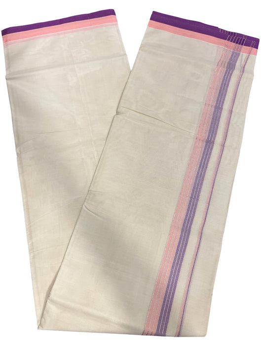Southloom Kerala Pure Cotton Double Mundu with Peach & Violet Border (South Indian Dhoti)