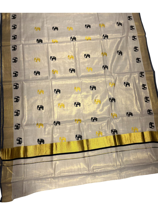 Kerala Tissue Kasavu Saree with Golden And Black Elephant Design