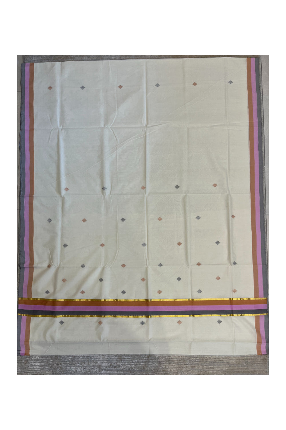 Southloom Premium Unakkupaavu Handloom Cotton Butta Saree with Orange, Pink and Grey Kasavu Border
