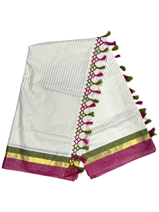 Southloom Cotton Kerala Kasavu Saree with Stripes on Body and Pink &Olive Green Border with Tussels