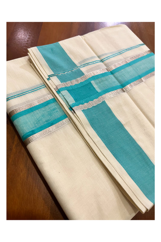 Kerala Cotton Off White Double Mundu with Silver Kasavu and Turquoise Border (South Indian Kerala Dhoti)