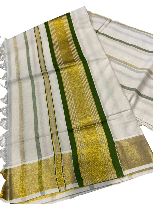 Southloom Kerala Cotton Kasavu Saree with Gold And Green Lines on Body