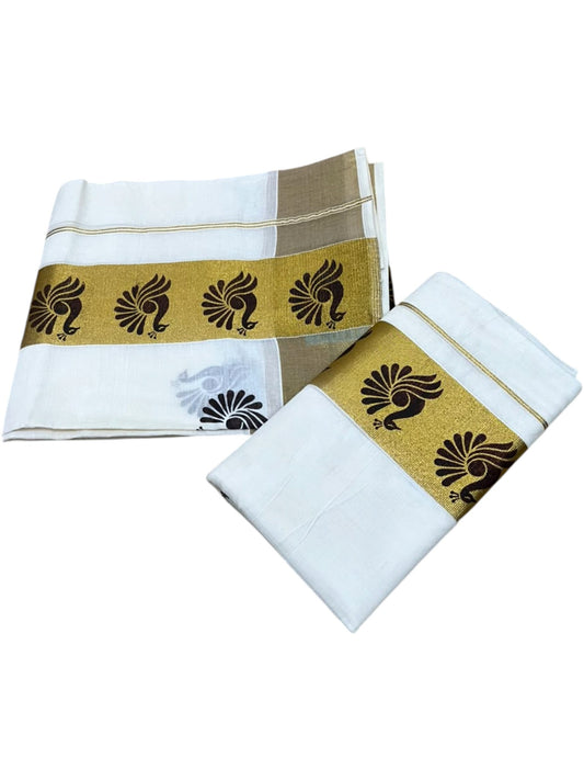 Southloom Pure Cotton Set Mundu with Gold Kasavu and Brown Floral Digital Print in 2.80 Mtrs SL383