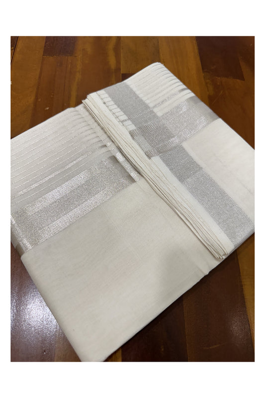 Southloom Premium Balarampuram Handloom Mundu with Silver Border and Silver Woven Lines after Kara(South Indian Dhoti)