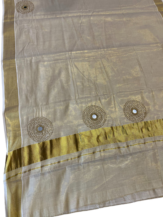 Southloom Tissue Kerala Kasavu Saree with Mirror & Beads Works