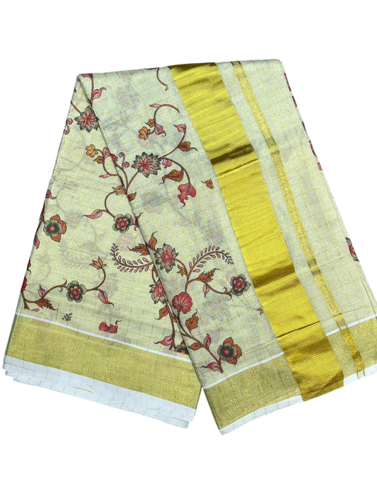 Southloom Tissue Check Kalamkari Print Kerala Kasavu Saree in Red