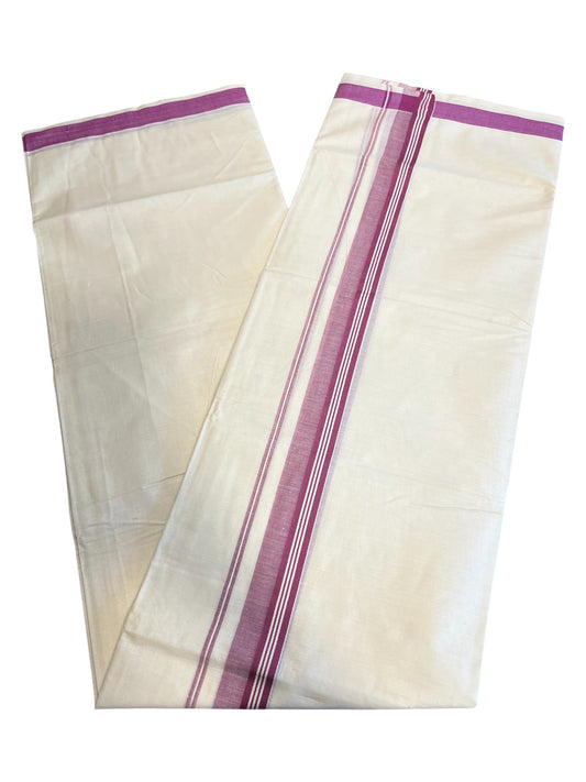 Southloom Pure Cotton Double Mundu With White Lines &Purple Border (South Indian Kerala Dhoti)