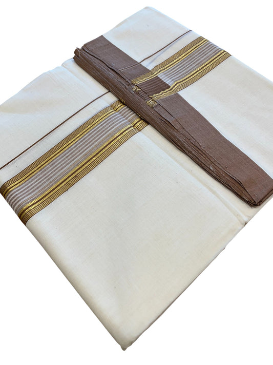 Southloom Premium Handloom Cotton Double Mundu with Gold and Brown Border