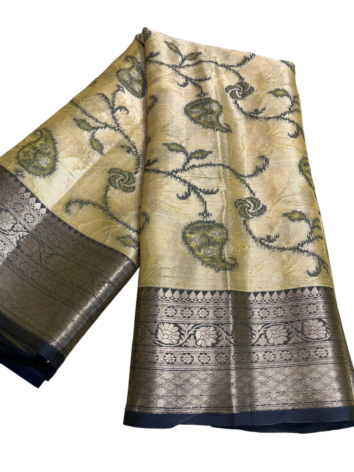 Southloom Tissue Silk Saree with Woven Work on Body and Borders (Beige & Blue)