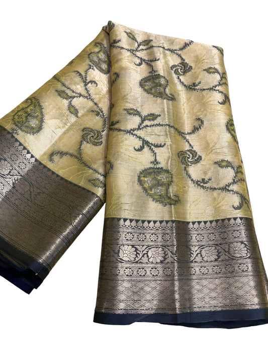 Southloom Tissue Silk Saree with Woven Work on Body and Borders (Beige & Blue)