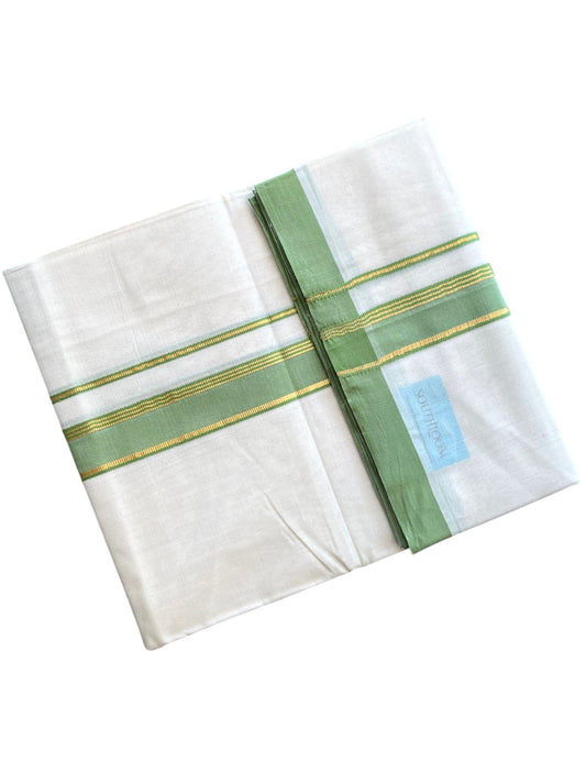 Southloom Pure Cotton Mundu with Golden Lines and Green Border (South Indian Kerala Dhoti)