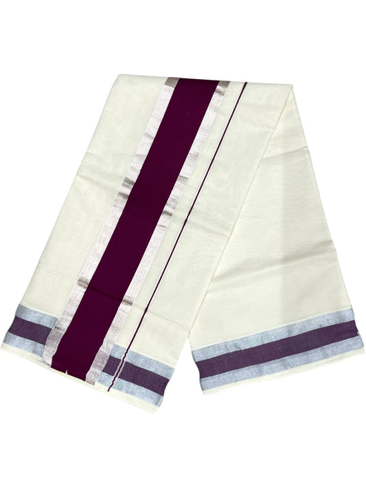 Kerala Pure Cotton Plain Saree with Silver Kasavu and Purple Border