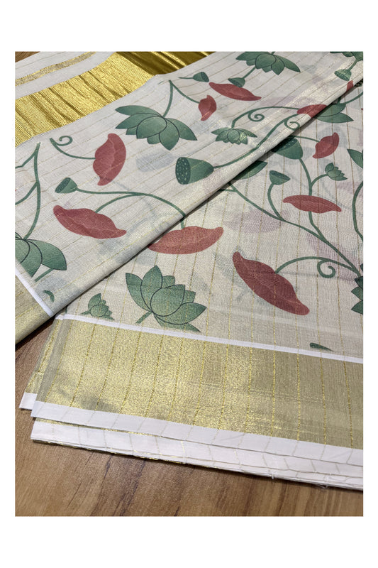 Kerala Tissue Kasavu Lines Saree with Green Floral Kalamkari Design