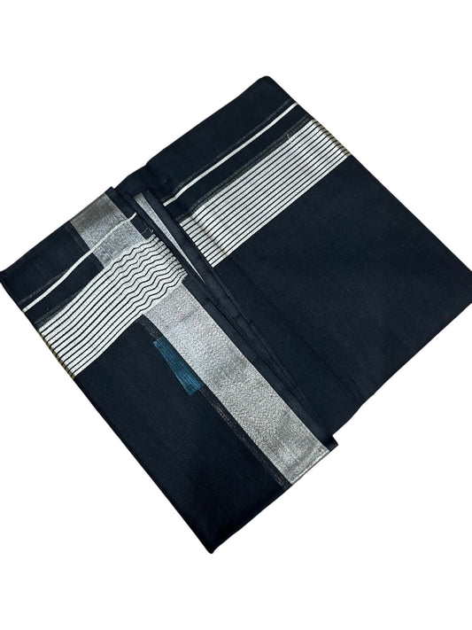 Southloom Kerala Pure Cotton Black Double Mundu with Silver Kasavu and Border (South Indian Dhoti)