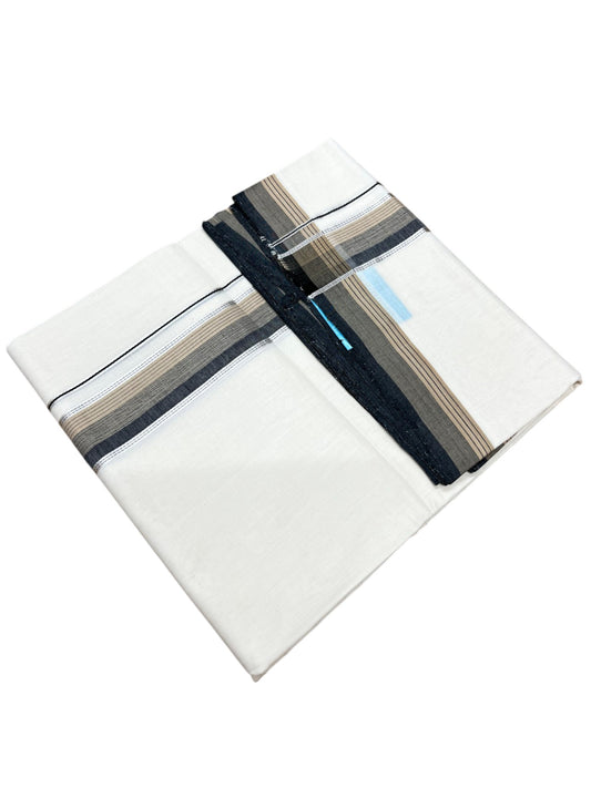 Southloom Balaramapuram Unakkupaavu Premium Handloom Cotton Double Mundu with Silver Kasavu and Black and Beige Border
