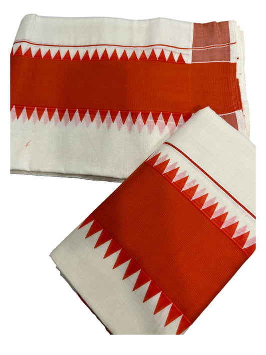 Kerala Pure Cotton Set Mundu Single (Mundum Neriyathum) with Orange Temple Border 2.80 Mtrs