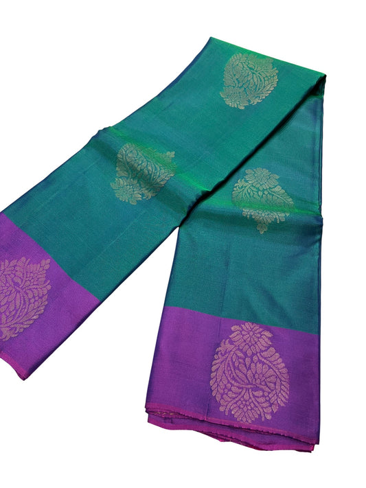 Southloom Pure Handloom Kanchipuram Silk Saree with Butta Work (Green & Violet)