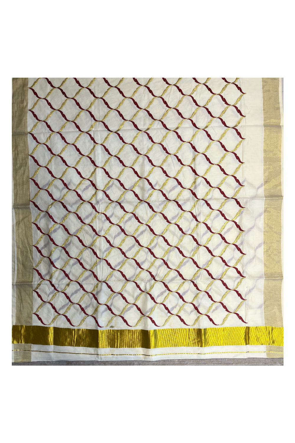 Southloom Cotton Kerala Kasavu Saree with Maroon and Golden Floral Designs