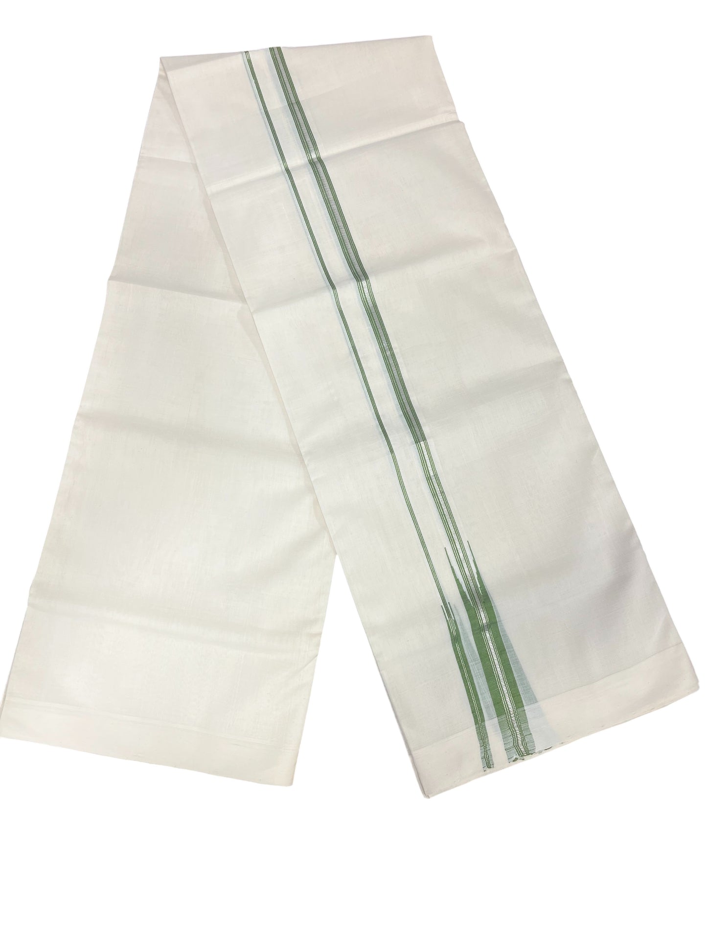 Southloom Premium Handloom Cotton Double Mundu with Green And Silver Line Border
